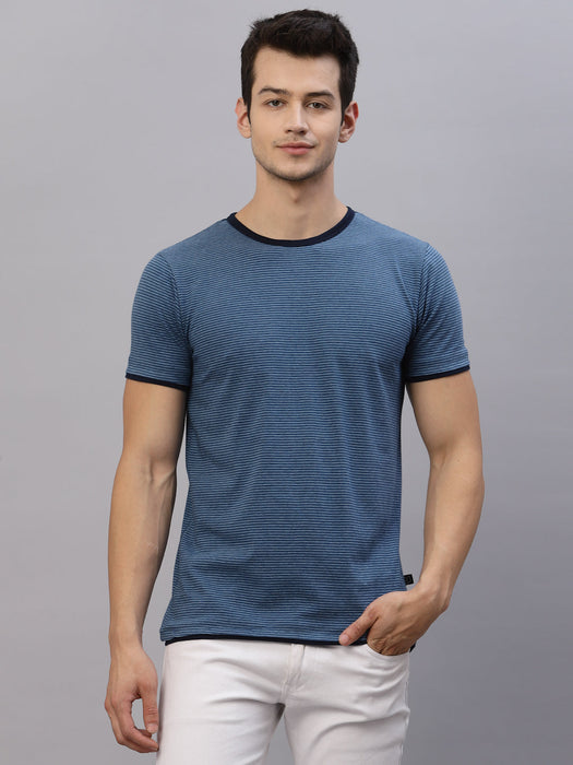 Blue Stripe Round Neck With Contrast Detail Half Sleeve T-Shirt