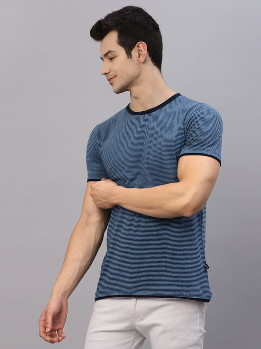 Blue Stripe Round Neck With Contrast Detail Half Sleeve T-Shirt