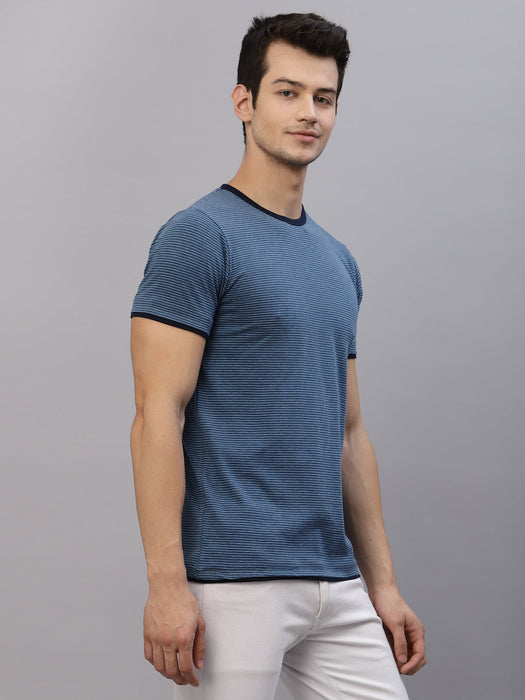 Blue Stripe Round Neck With Contrast Detail Half Sleeve T-Shirt