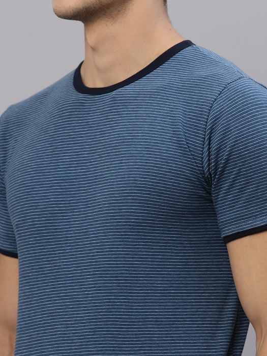 Blue Stripe Round Neck With Contrast Detail Half Sleeve T-Shirt