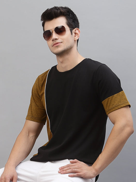 Mustard Black With Contrast Detail Round Neck Cotton Half Sleeve T-Shirt