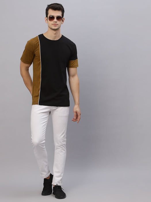 Mustard Black With Contrast Detail Round Neck Cotton Half Sleeve T-Shirt