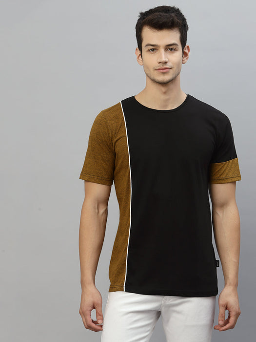 Mustard Black With Contrast Detail Round Neck Cotton Half Sleeve T-Shirt