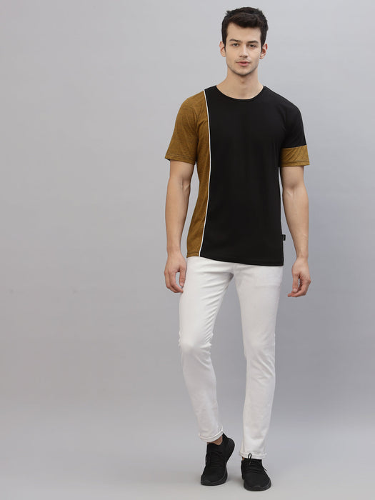 Mustard Black With Contrast Detail Round Neck Cotton Half Sleeve T-Shirt