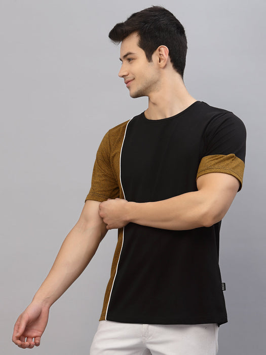 Mustard Black With Contrast Detail Round Neck Cotton Half Sleeve T-Shirt