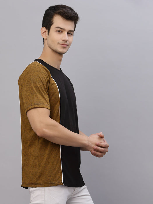 Mustard Black With Contrast Detail Round Neck Cotton Half Sleeve T-Shirt