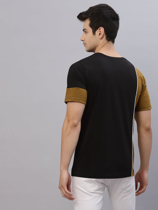 Mustard Black With Contrast Detail Round Neck Cotton Half Sleeve T-Shirt