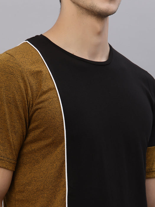 Mustard Black With Contrast Detail Round Neck Cotton Half Sleeve T-Shirt