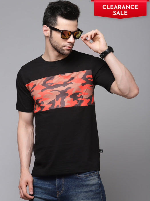 Black Contrast Camouflage Print Round Neck Cotton Half Sleeve T-Shirt