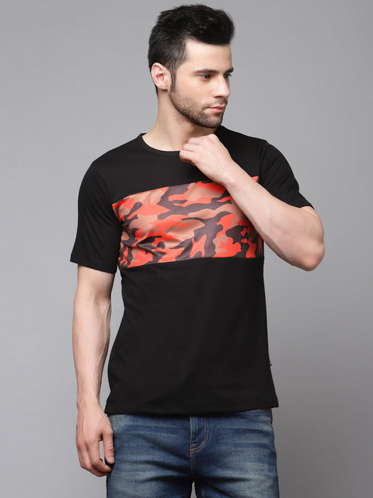 Black Contrast Camouflage Print Round Neck Cotton Half Sleeve T-Shirt