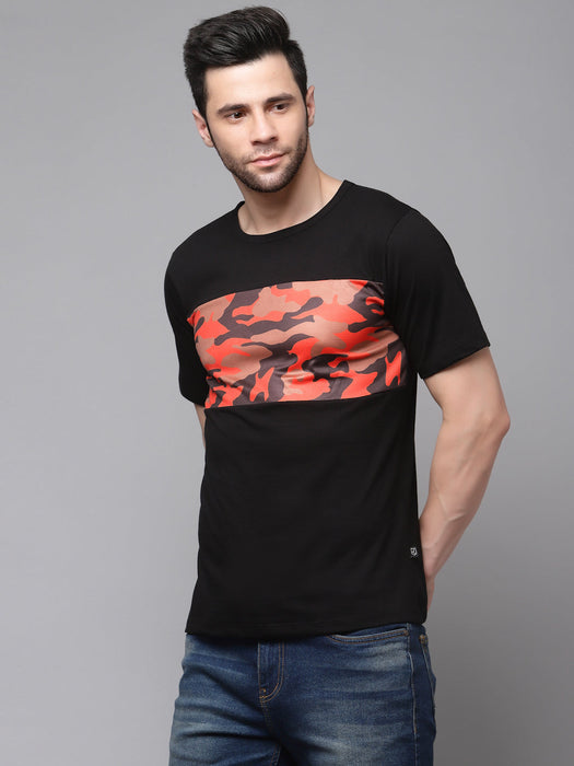 Black Contrast Camouflage Print Round Neck Cotton Half Sleeve T-Shirt