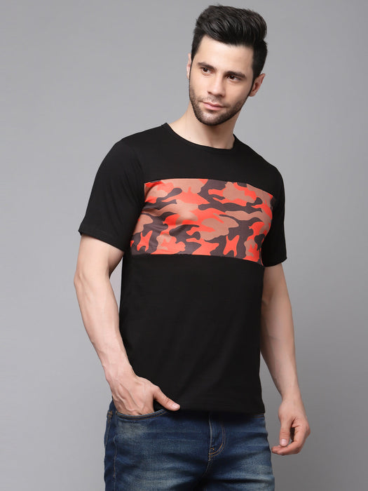 Black Contrast Camouflage Print Round Neck Cotton Half Sleeve T-Shirt