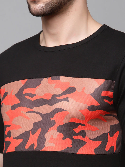 Black Contrast Camouflage Print Round Neck Cotton Half Sleeve T-Shirt