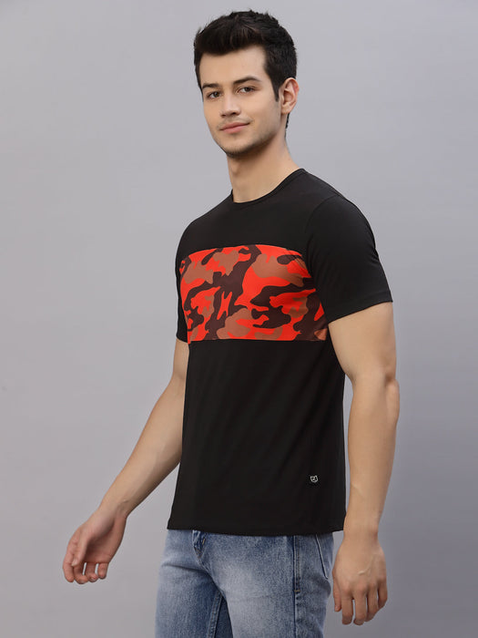 Black Contrast Camouflage Print Panel Round Neck Cotton Half Sleeve T-Shirt