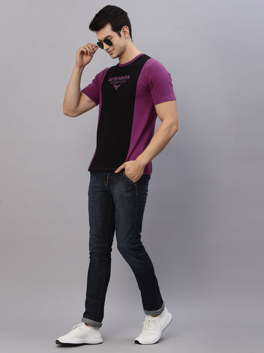 Purple Black Printed Vertical Color Block Round Neck Half Sleeve T-Shirt