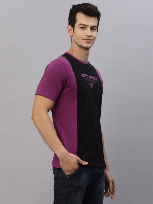 Purple Black Printed Vertical Color Block Round Neck Half Sleeve T-Shirt