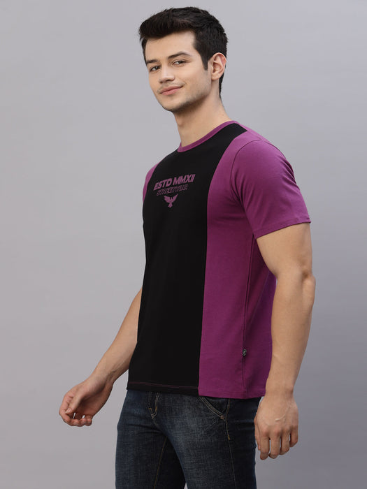 Purple Black Printed Vertical Color Block Round Neck Half Sleeve T-Shirt