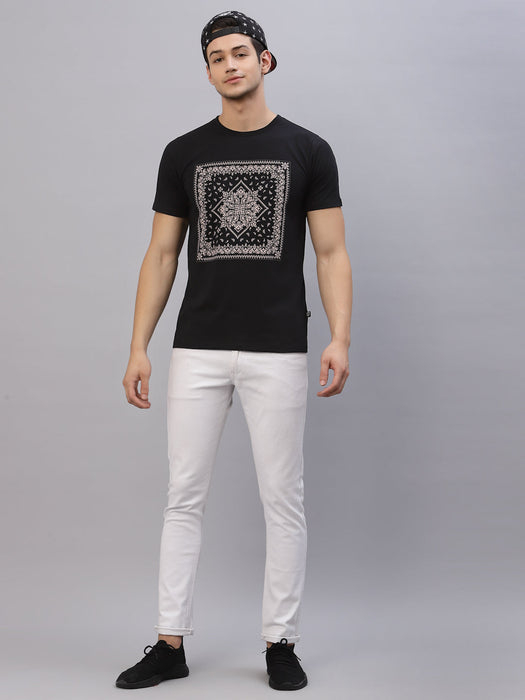 Black Bandhna Print Round Neck Cotton Half Sleeve T-Shirt