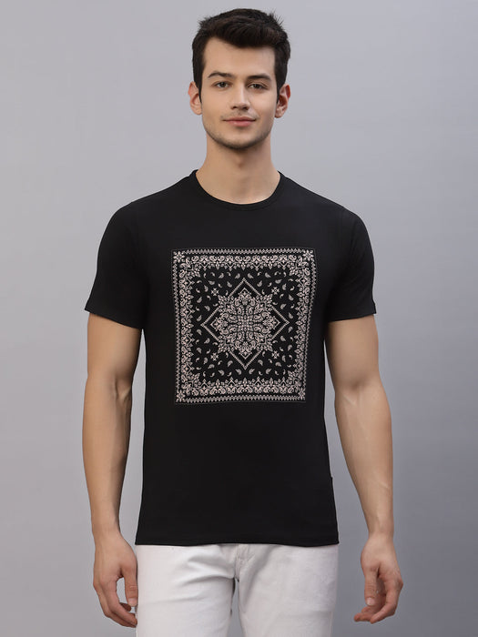 Black Bandhna Print Round Neck Cotton Half Sleeve T-Shirt