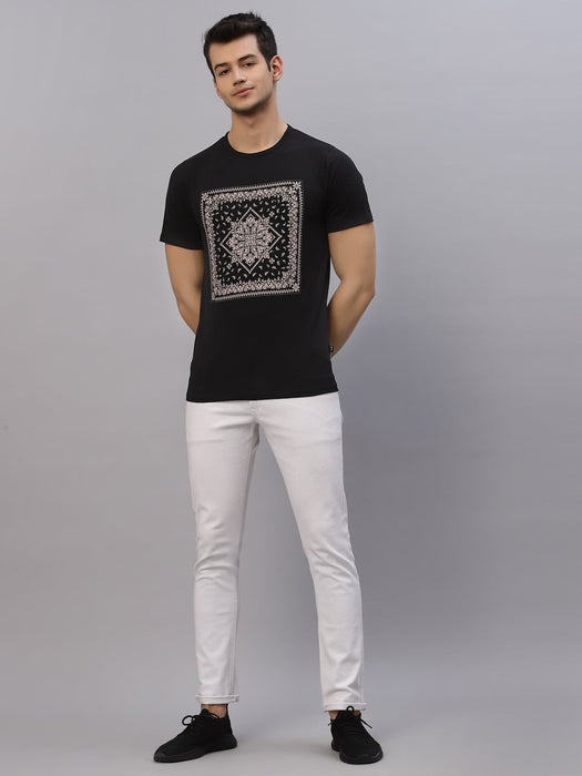 Black Bandhna Print Round Neck Cotton Half Sleeve T-Shirt