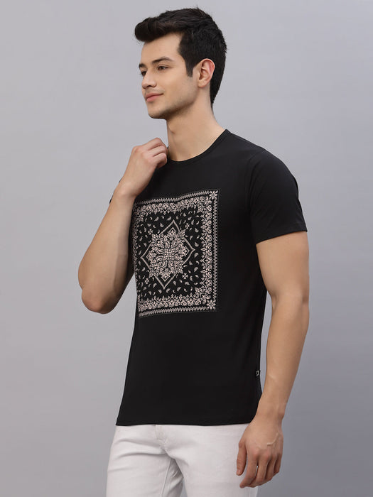 Black Bandhna Print Round Neck Cotton Half Sleeve T-Shirt