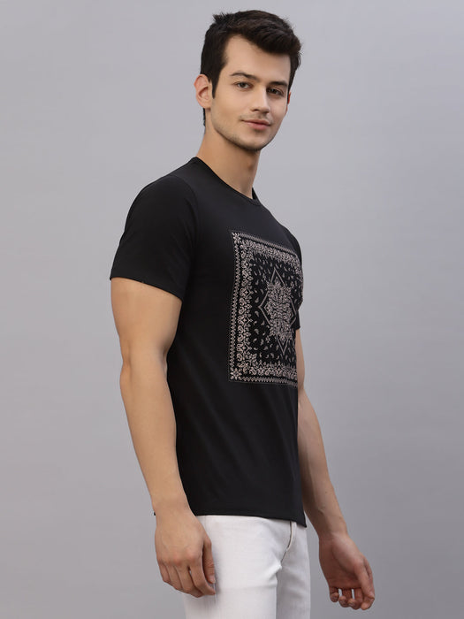 Black Bandhna Print Round Neck Cotton Half Sleeve T-Shirt