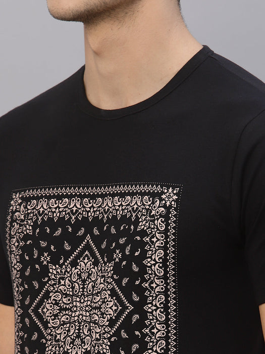 Black Bandhna Print Round Neck Cotton Half Sleeve T-Shirt