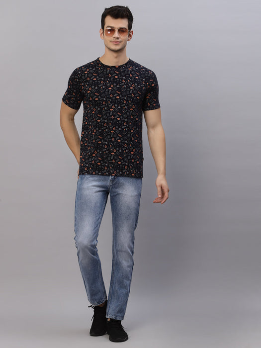 Navy All Over Print Round Neck Cotton Half Sleeve T-Shirt