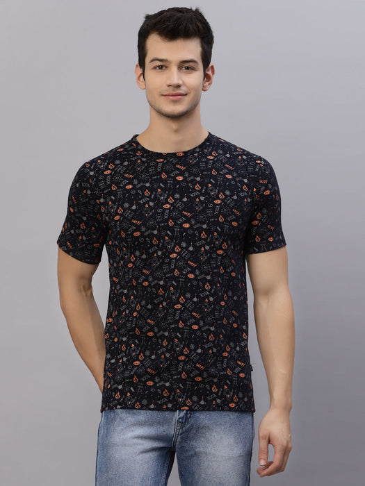 Navy All Over Print Round Neck Cotton Half Sleeve T-Shirt