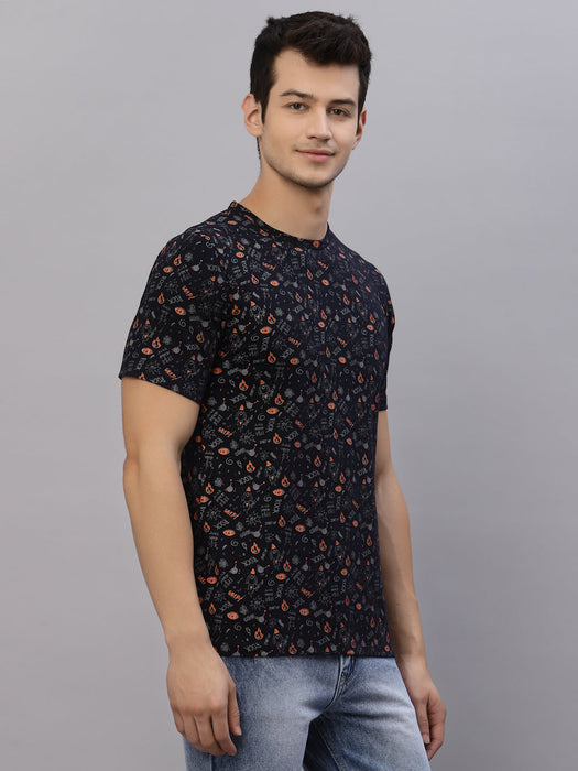 Navy All Over Print Round Neck Cotton Half Sleeve T-Shirt