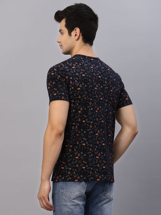 Navy All Over Print Round Neck Cotton Half Sleeve T-Shirt