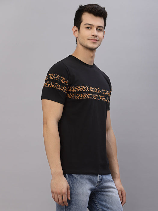 Black With Contrast Printed Patch Detail Round Neck Cotton Half Sleeve T-Shirt