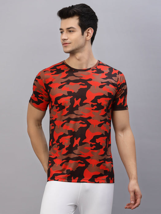 Orange Camouflage Print Round Neck Half Sleeve Activewear T-Shirt