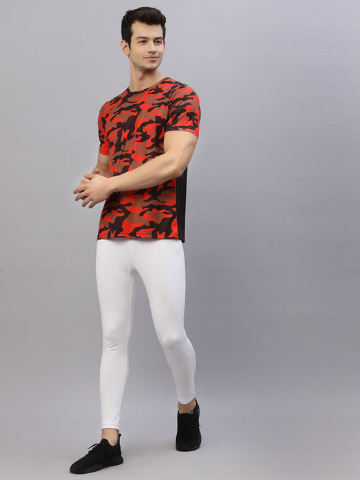 Orange Camouflage Print Round Neck Half Sleeve Activewear T-Shirt