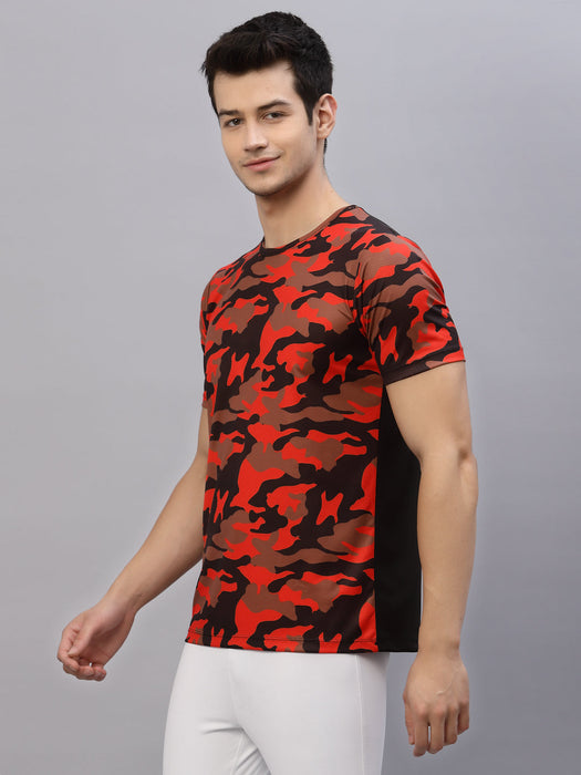 Orange Camouflage Print Round Neck Half Sleeve Activewear T-Shirt