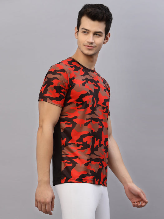 Orange Camouflage Print Round Neck Half Sleeve Activewear T-Shirt