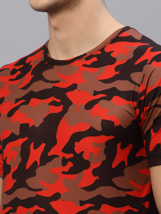 Orange Camouflage Print Round Neck Half Sleeve Activewear T-Shirt