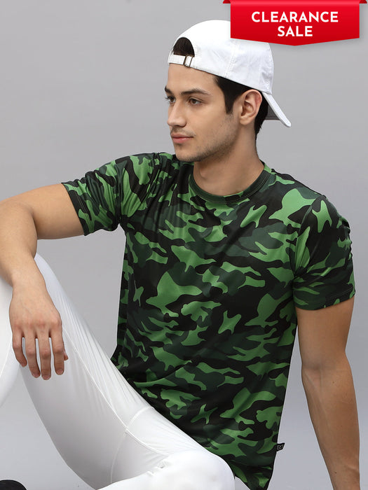 Green Camouflage Print Round Neck Half Sleeve Activewear T-Shirt