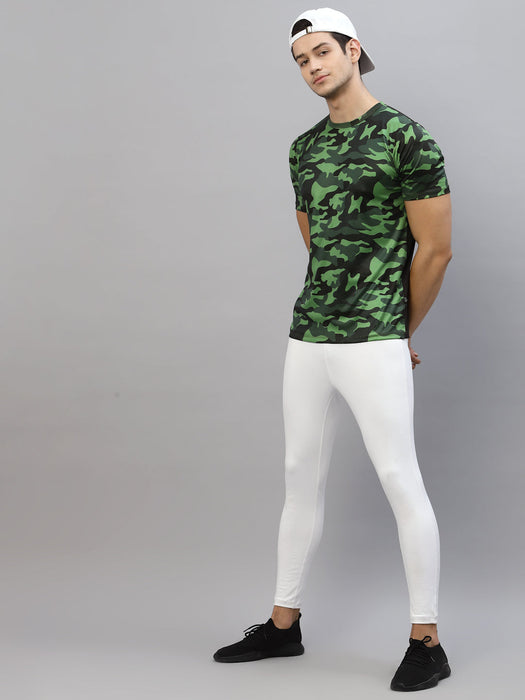 Green Camouflage Print Round Neck Half Sleeve Activewear T-Shirt