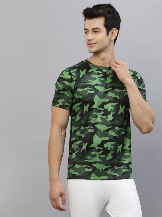 Green Camouflage Print Round Neck Half Sleeve Activewear T-Shirt