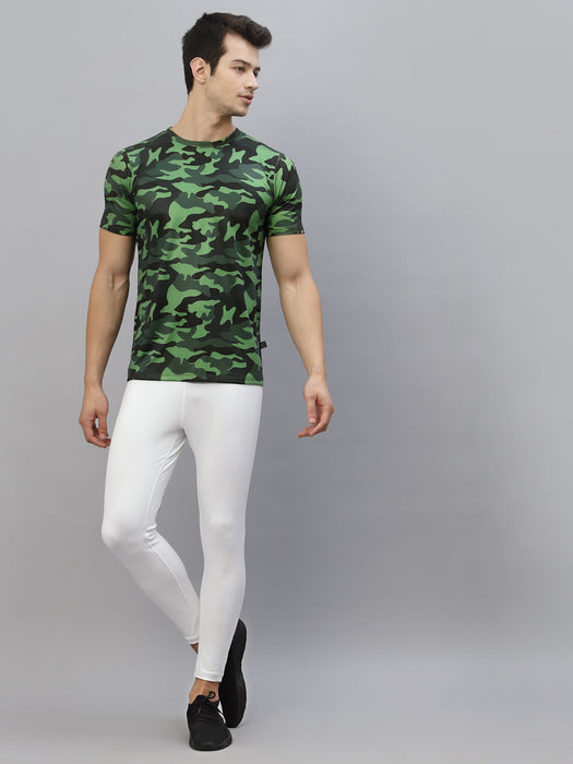 Green Camouflage Print Round Neck Half Sleeve Activewear T-Shirt