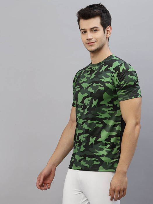 Green Camouflage Print Round Neck Half Sleeve Activewear T-Shirt