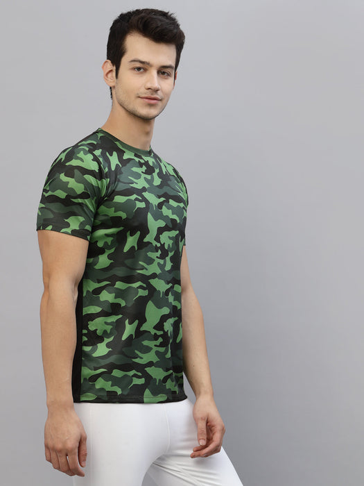 Green Camouflage Print Round Neck Half Sleeve Activewear T-Shirt