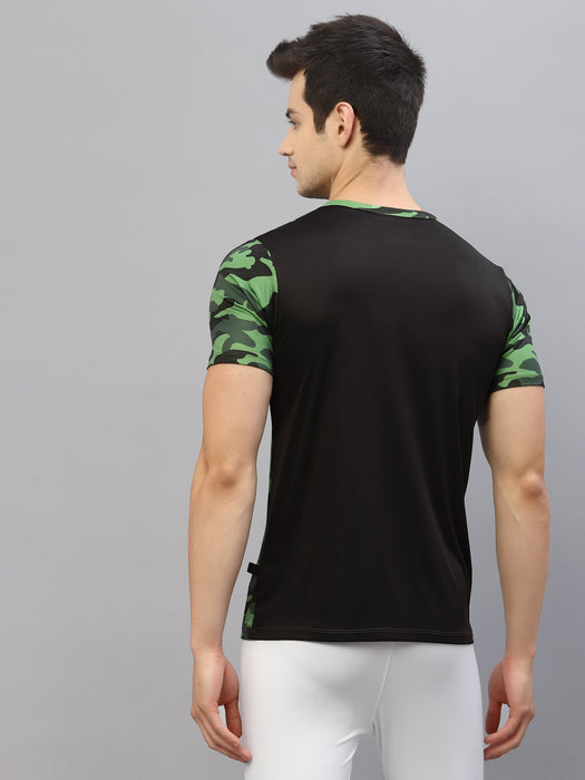 Green Camouflage Print Round Neck Half Sleeve Activewear T-Shirt