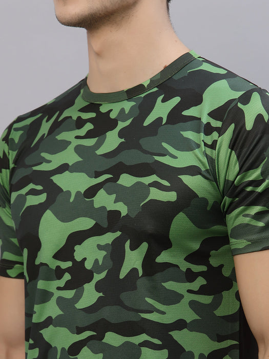 Green Camouflage Print Round Neck Half Sleeve Activewear T-Shirt