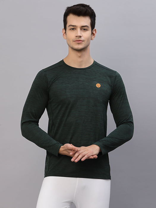 Bottle Green Self Texture Round Neck Full Sleeve Activewear T-Shirt