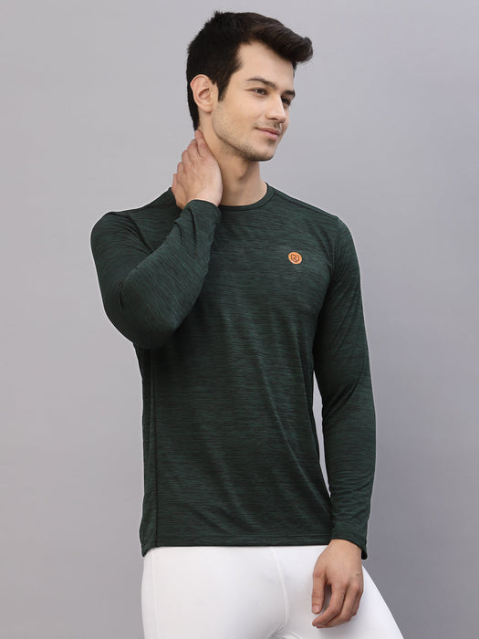 Bottle Green Self Texture Round Neck Full Sleeve Activewear T-Shirt