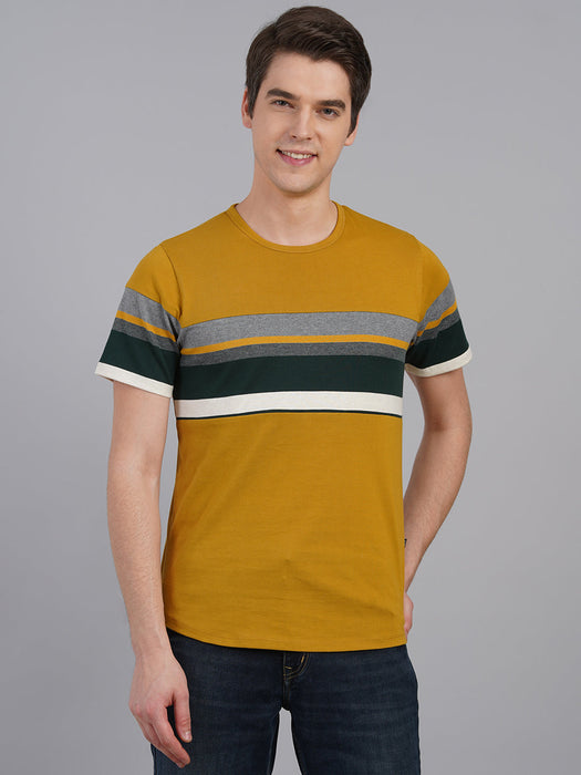 Dirty Yellow Cut & Sew Striped  Round Neck Half Sleeve T-Shirt