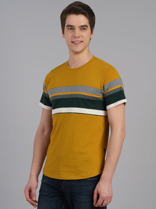 Dirty Yellow Cut & Sew Striped  Round Neck Half Sleeve T-Shirt