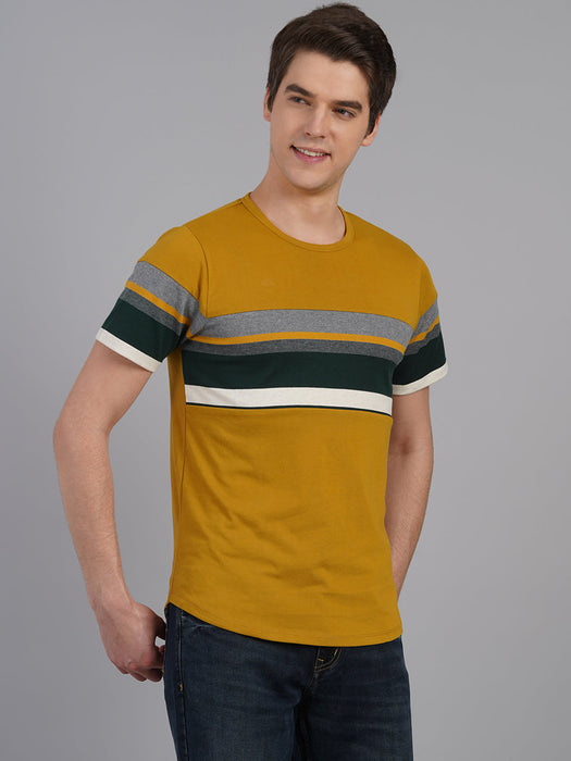 Dirty Yellow Cut & Sew Striped  Round Neck Half Sleeve T-Shirt